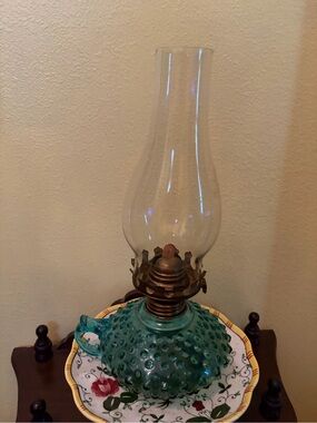 Vintage Green Hobnail Glass Oil Lamp - Teal Accent